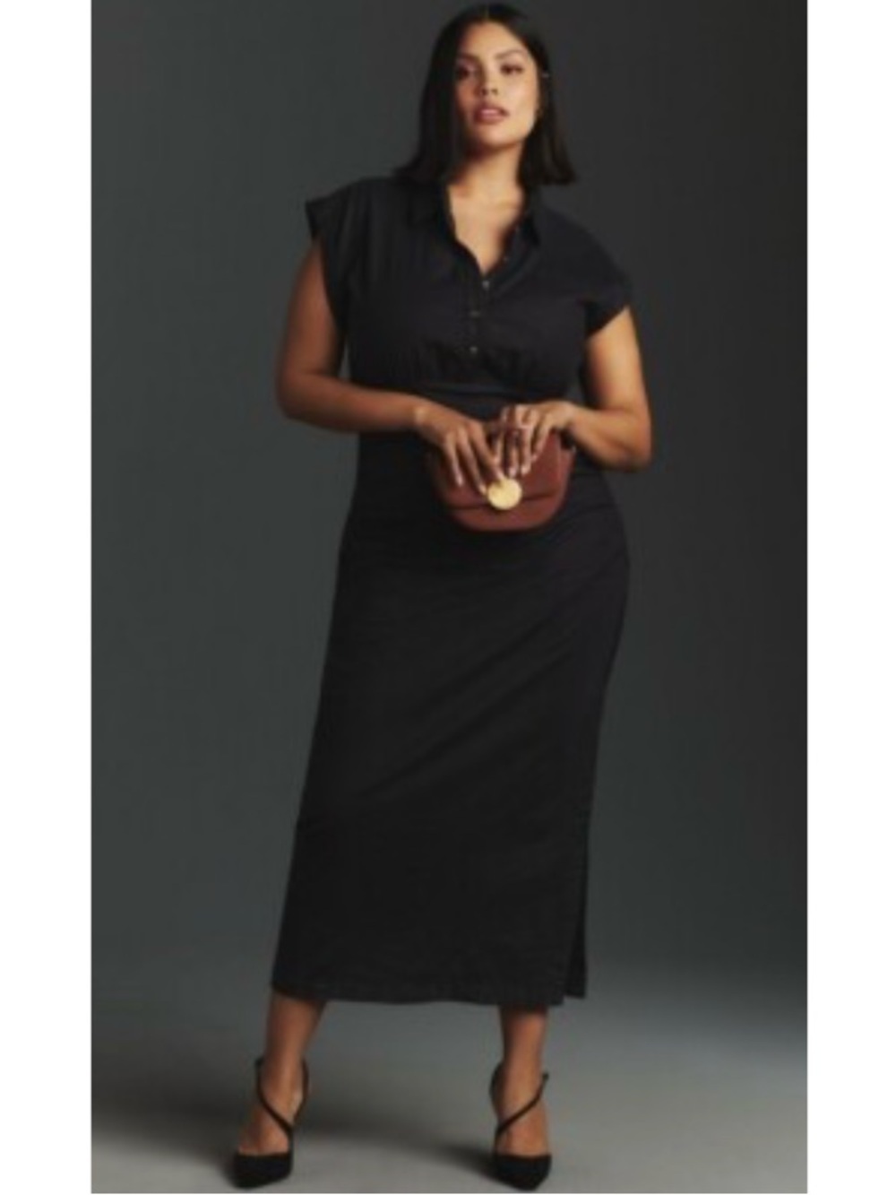 Anthropologie Cap-Sleeve V-Neck Ruched Slim Woven A-Line Midi Dress Black 2X